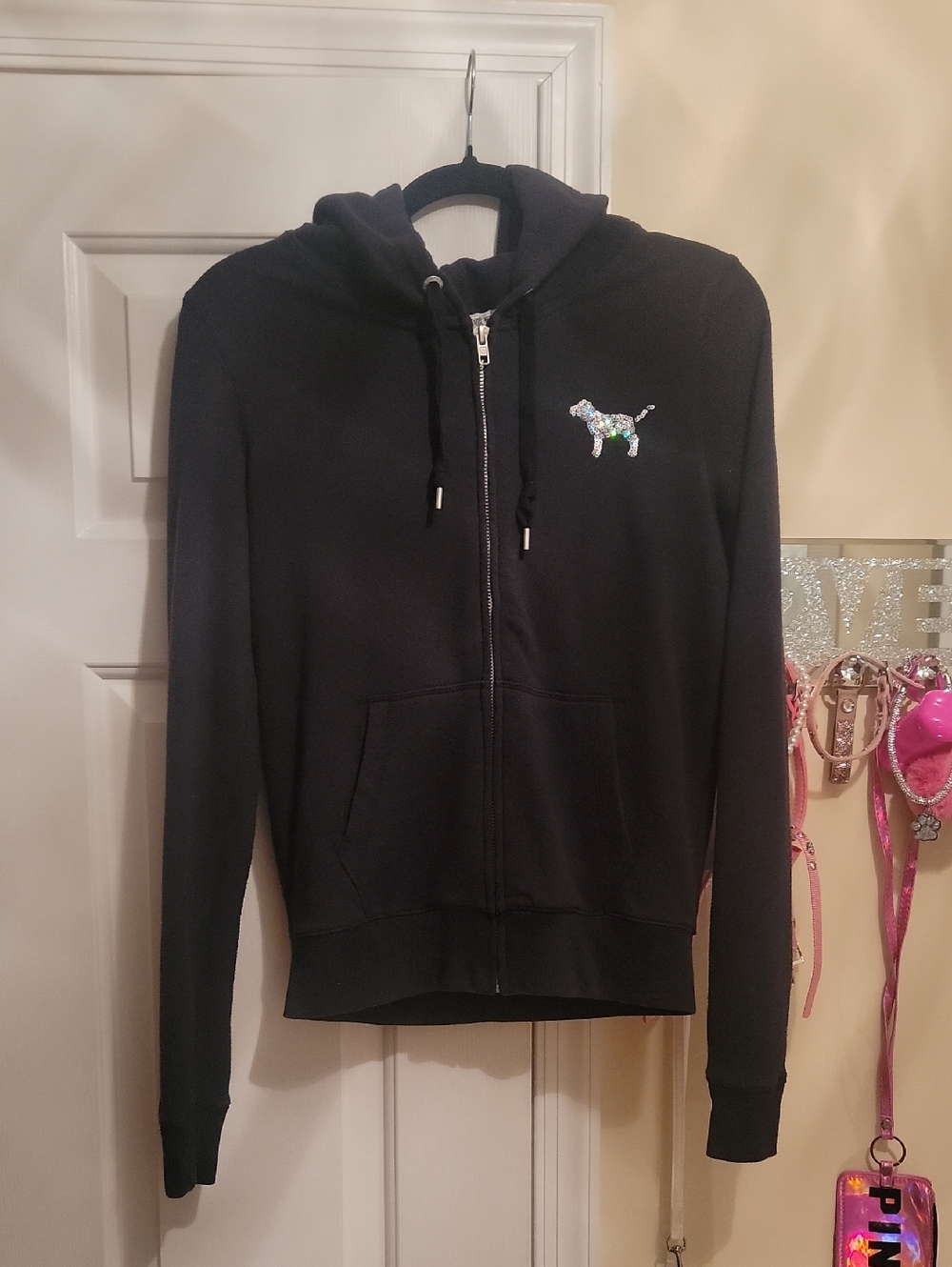 Pink Victorias Secret Black W/ Silver Bling Zip Hoodie. XS. Like New!!!